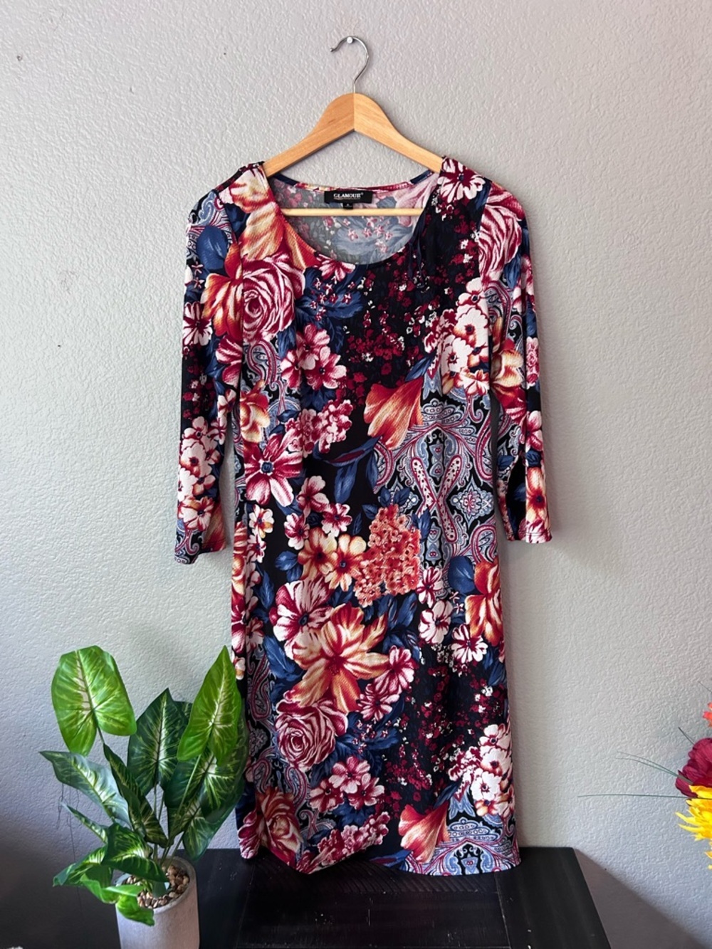 Glamour Navy and Burgundy Floral Long Sleeve Dress CottageCore Coastal Glam